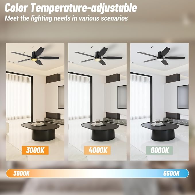 52" Flush Mount Ceiling Fan - 5 Blades Ceiling Fan with Light for Living Room and Bedroom - 5000 CFM - Quiet DC Motor - Dimmable - Reversible Function - Black