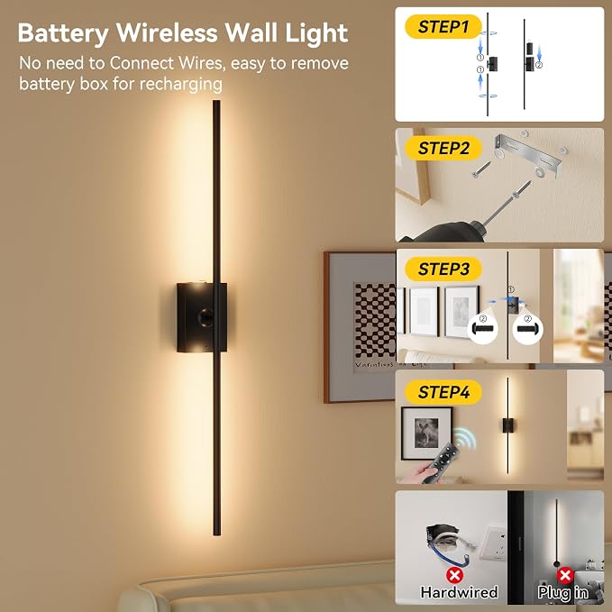 Ouyulong Battery Operated Wall Sconces Set of 2, 10000mAh Wireless Rechargeable 3000-6000K Dimmable 350° Rotate Wall Light with Remote for Living Room, Bedroom 27.6in Black