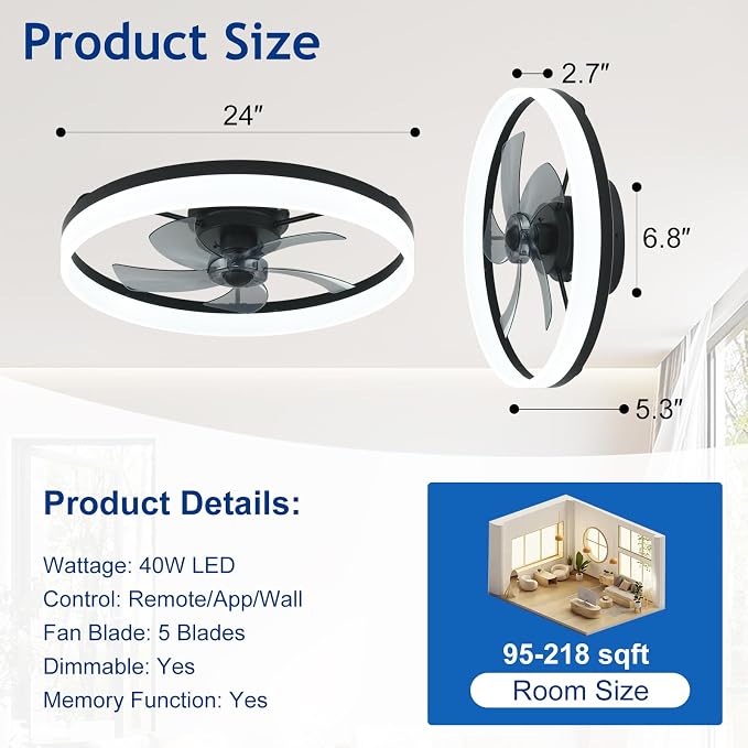 DLLT Bladeless Ceiling Fans with Lights: 24 Inch Modern Flush Mount Low Profile Ceiling Fan with APP Remote Control - Black Enclosed LED Fandelier Dimmable Quiet DC Motor for Bedroom Living Room
