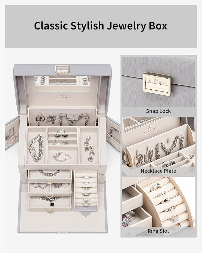 VLANDO Jewelry Box Organizer for Girls Women, Large Baroque Jewelry Holder Organizer with Mirror, 3 Drawers for Bracelets, Earrings, Rings, Necklaces, Mothers Day Gifts for Loved One, Grey
