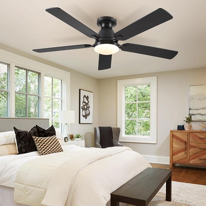 52 Inch Ceiling Fans with Lights and Remote, Flush Mount, Black | Low Profile, Dimmable LED, Reversible, Quiet DC Motor, Wooden Blades, for Modern Apartment Bedroom Home Office Living Room