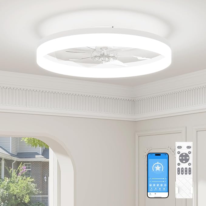VOLISUN Low Profile Ceiling Fans with Lights and Remote, 23.6in Fandelier Ceiling Fan with Light, 3000K-6500K Dimmable Bladeless LED Fan Light, White Flush Mount Ceiling Fans with Lights for Bedroom