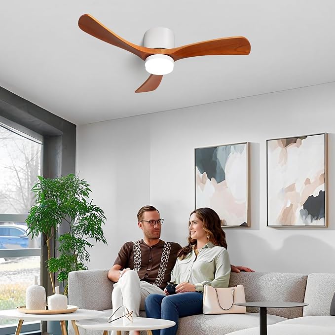 GESUM 42" Flush Mount Ceiling Fan with Lights3 Wood Blades, Reversible,Dimmable, Low Profile Ceiling Fan with Remote Control for Living Room Kitchen Bedroom(White+Wood)