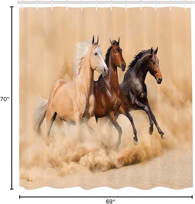 Ambesonne Horses Shower Curtain, 3 Horse Running in Desert Storm Mythical Mystic Messenger Animals Habitat Print, Cloth Fabric Bathroom Decor Set with Hooks, 69" W x 70" L, Brown Cream