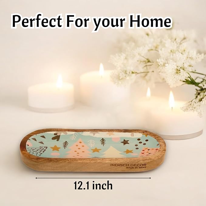 Rustic Wooden Incense Burner Holder - Handcrafted Mango Wood Insence Tray, Incense Burner/Incense Holder/Ash Catcher 12" Heat Resistant - Perfect for Meditation, Yoga & Aromatherapy (Blue & Brown)