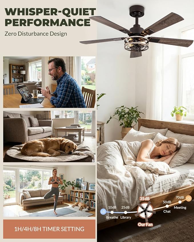2-Pack 42 Inch Ceiling Fans with Lights, Remote Control Low Profile Flush Mount Ceiling Fan for Living Room Bedroomm, 6 Speeds Bladeless Caged Farmhouse LIghts, Quiet and Reversible DC Motor, Walnut