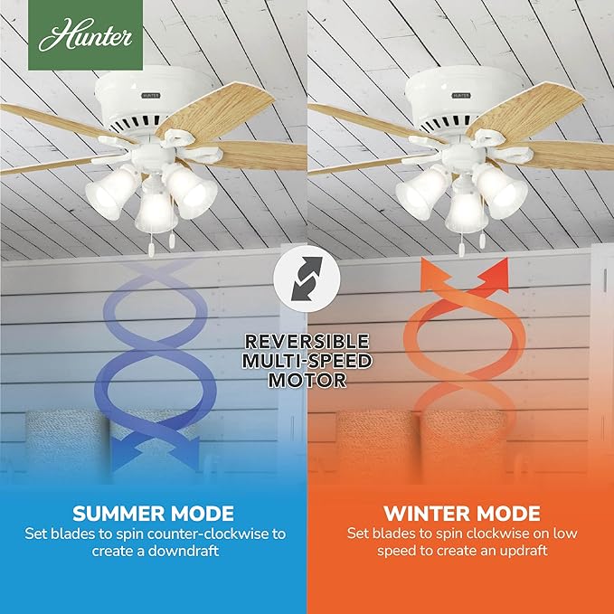 Hunter Builder, Indoor, Ceiling Fan, with LED Lights, 42 inch, Snow White | Low Profile Flush Mount, Pull Chain, 5 Blades, For Bedroom, Living Room, Kitchen, 51090