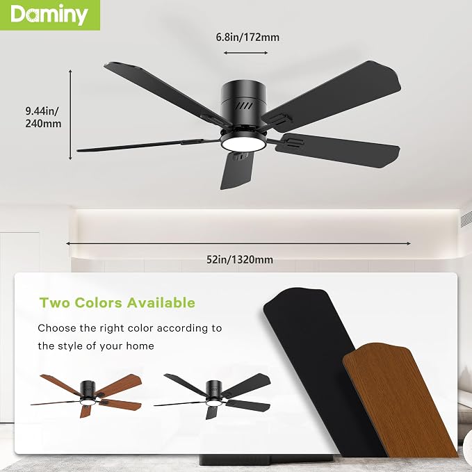 DAMINY 52 inch 5 Blades Black Ceiling Fans with Lights,Flush Mount,6CCT, Low Profile Ceiling Fan with Light and Remote Control,DC Motor,Ceiling Fan for Bedroom, Kitchen,Living Room,Indoor/Outdoor Use