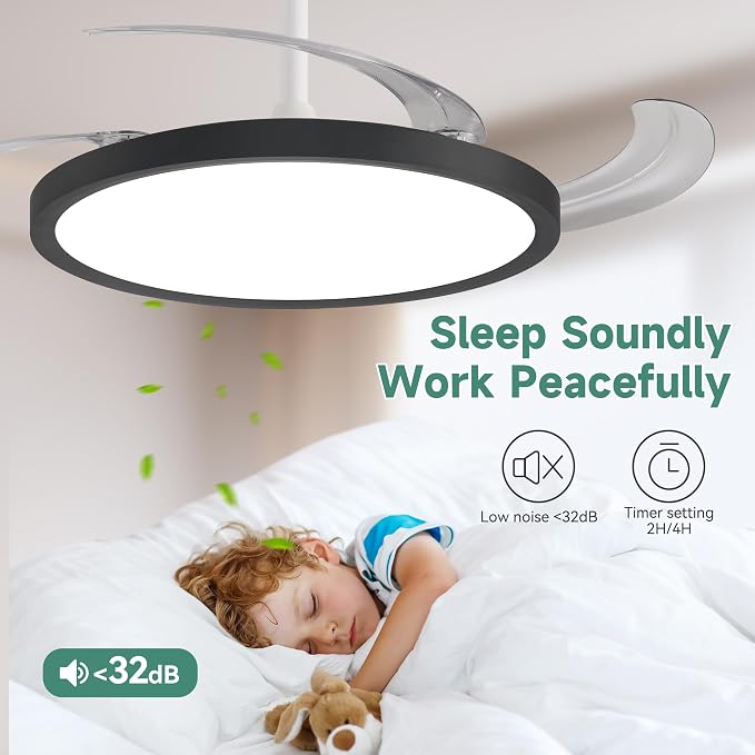 Slim Retractable Ceiling Fan with Lights and Remote, 42 Inch Black and White Modern Ceiling Fan,Dimmable LED,Memory Functionr,Timer Setting& Reversible Motor for Bedroom Living Room