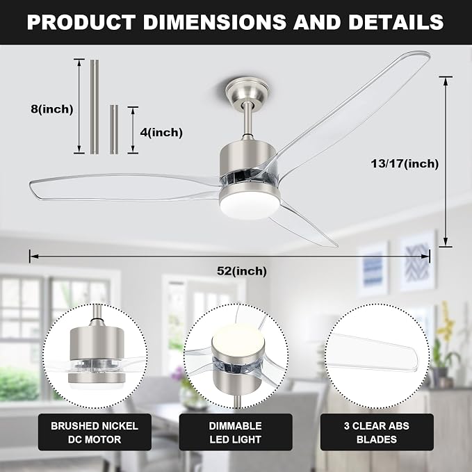 OKELI Clear Ceiling Fan with Light, 52 Inch Brushed Nickel Transparent Ceiling Fans with Light and Remote 3 Reversible Blade LED Ceiling Fan and Light Combo for Living Room, Bedroom, Patio