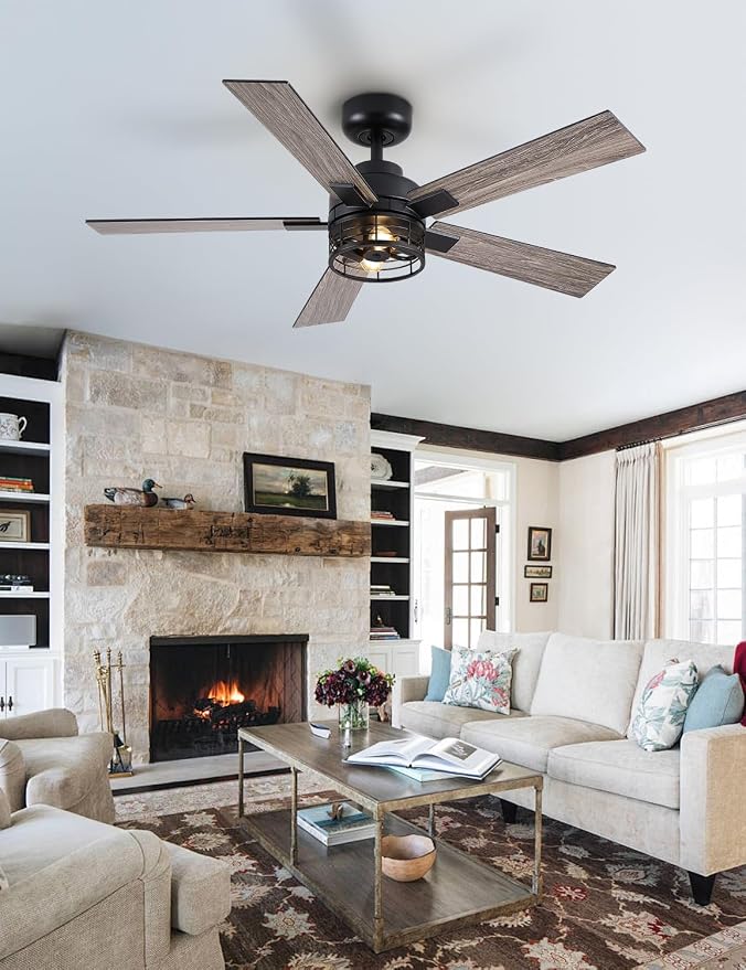 46 Inch Farmhouse Ceiling Fans with Lights and Remote, Black Industrial Caged Rustic Ceiling Fans for Bedroom, Living Room, 6-Speed Reversible Quiet DC Motor, Rustic Design