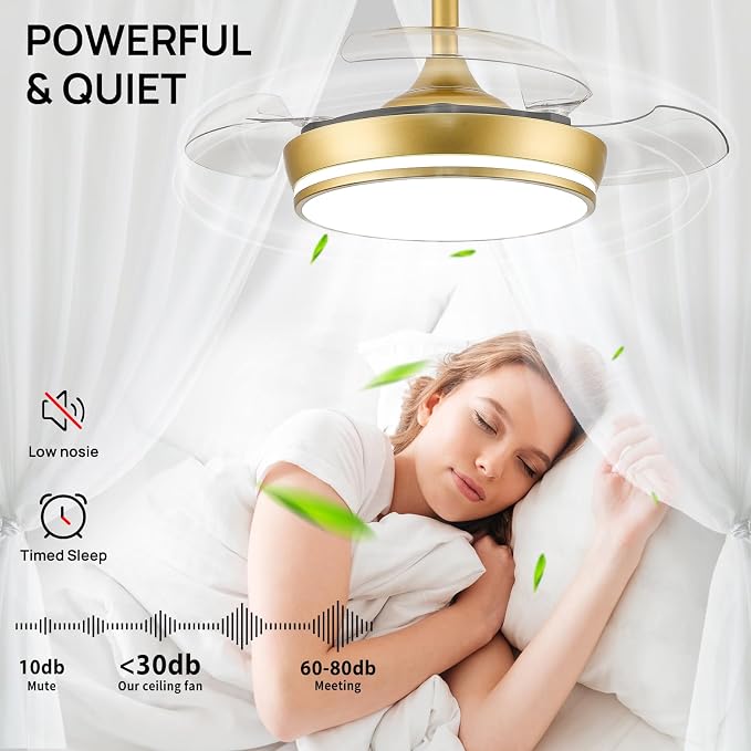 STERREN 30" Retractable Ceiling Fans with Lights, Dimmable LED Ceiling Fan Remote Control, Modern Small Fan Light for Bedroom Living Room Dinning Room Kitchen, 3000K-6500K, 6 Speed (Golden)