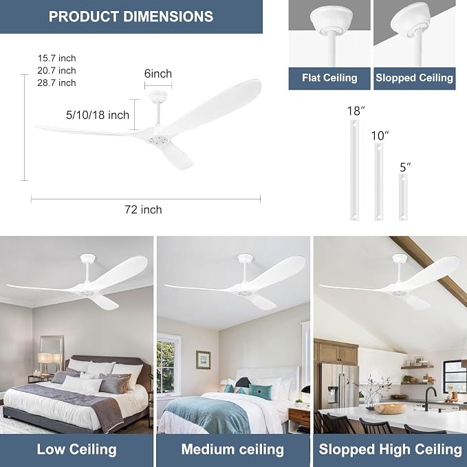 72 Inch Solid Wood Ceiling Fan without Light,3 Real Wood Blades,DC Motor Quiet and Reversible,Outdoor Ceiling Fan for Garage,Patio,Farmhous (white)