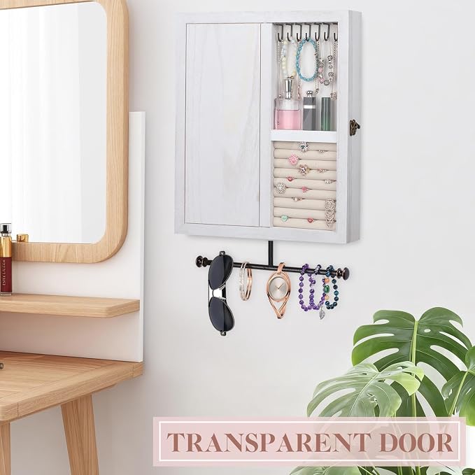 Keebofly Wall Mounted Rustic Wood Jewelry Organizer Cabinet - White | Large Hanging Holder Display for Necklaces, Earrings & Bracelets, Space Saving Ring Storage, Great Gift for Women
