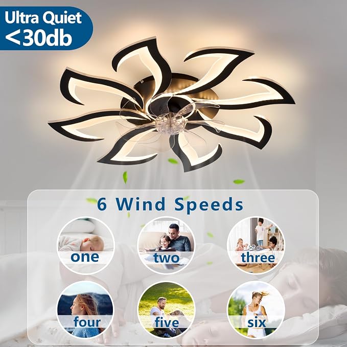 Dalouguan Modern Ceiling Fan with Lights Remote Control, 32" Black 6 Speeds 3 Light Color Low Profile Flush Mount Ceiling Fan for Kitchen Bedroom