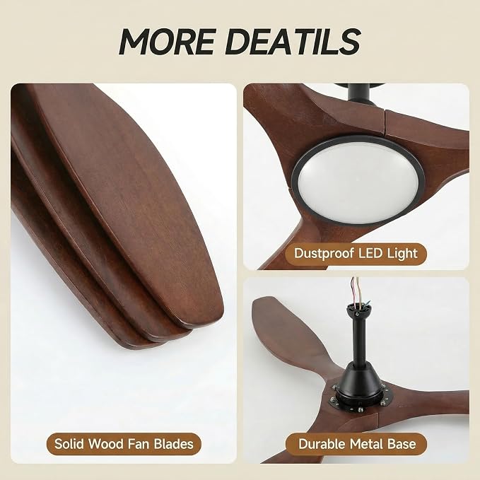 Skylike 52" Wood Outdoor Ceiling Fan with Lights, Propeller Farmhouse Ceiling Fan and Remote Control, 3 Blade Dark Walnut Ceiling Fan for Patio,Porch, Gazebo, Bedroom