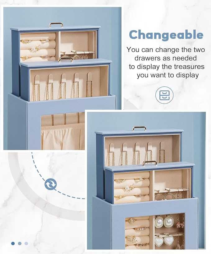 Homde Display Jewelry Box for Girls: Starter Organizer with Clear Window | Vertical Drawers for Earrings Rings Necklaces - Compact Footprint Fits Small Vanities - Birthday&Graduation Gift for Teens