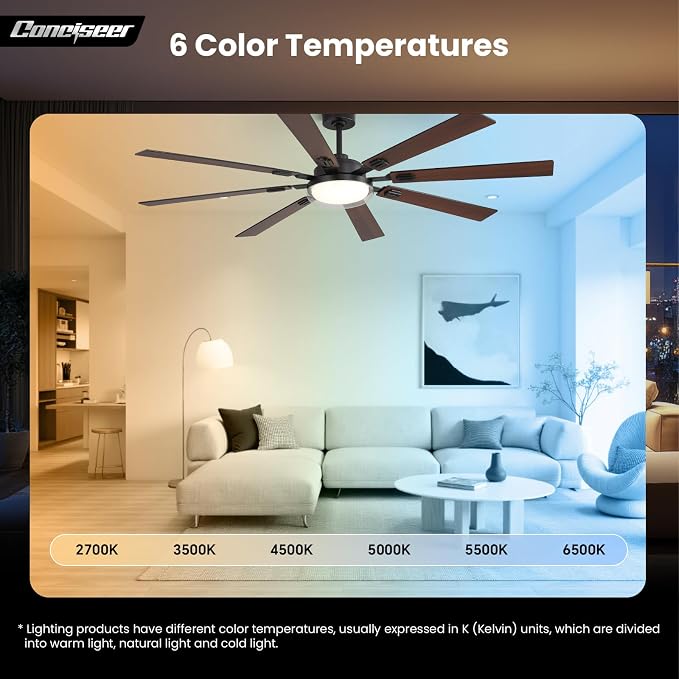 72 Inch Ceiling Fans with Lights and Remote, Living Room Office Library Industrial, 5CCT Dimmable, Dual Color 8 Blades, 6 Speed Reversible Quiet DC Motor, Double-Layer Lampshade, Black/Wood Grain