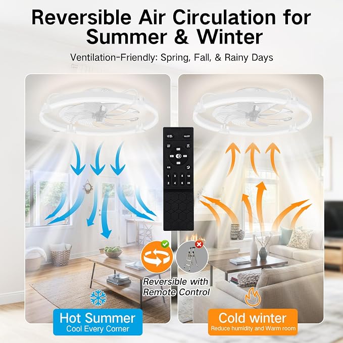 OUTON 24" Ceiling Fan with Light, Remote & App Control, Fandelier Low Profile Flush Mount Ceiling Fan with 3000K-6500K Stepless Dimmable, 6 Speed, Quiet DC Motor, Modern Ceiling Fans for Bedroom White