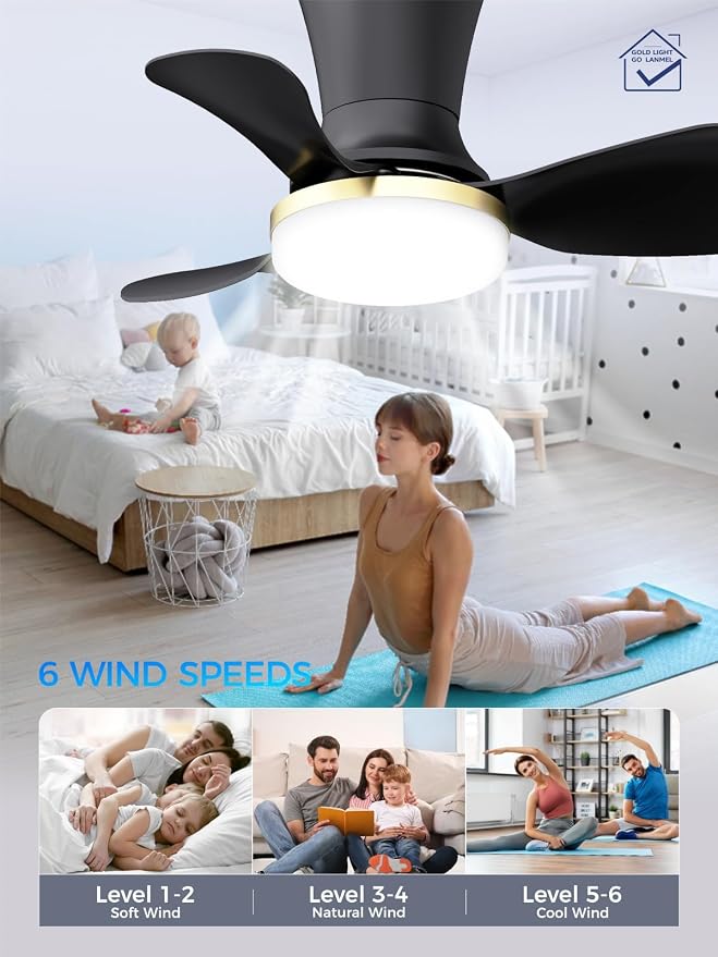 LANMEL 22 Inch Flush Mount Ceiling Fan with Light and Remote, Low Profile Modern Ceiling Fan, 6 Speed, Reversible, 3000k-6500k Dimmable LED, Quiet DC Motor for Indoor Outdoor, Black Gold