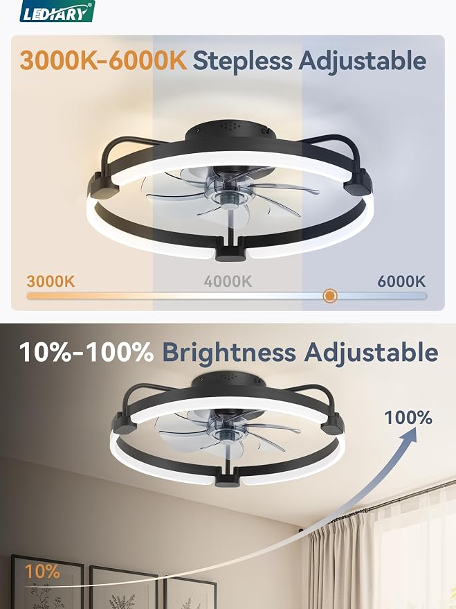 LEDIARY 2 Pack Ceiling Fans with Lights and Remote, 20'' Low Profile Ceiling Fan with Light, 3000-6000K Dimmable Fandelier LED Fan Light, 6 Wind Speeds, Black Flush Mount Ceiling Fan for Bedroom