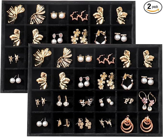 Large Velvet Jewelry Tray 2 Pack Stackable Jewelry Display Drawer Inserts Trays Organizer for Earring Bracelet Necklace Ring (Black, 24 Grids)