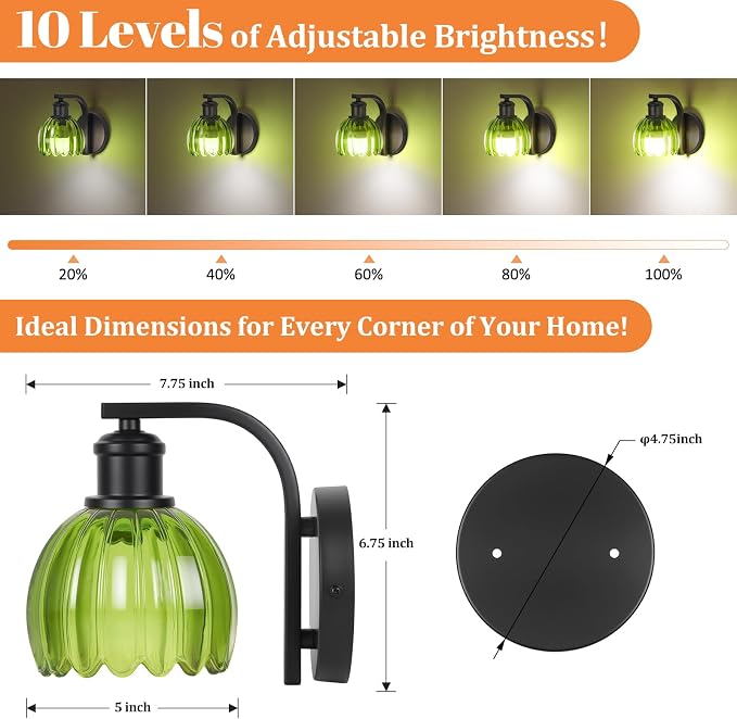 VerRon Rechargeable Battery Operated Wall Sconce Set of Two with Green Glass Lampshade, Wireless Wall Scone Decor with Remote Control, 15 Colors Black Wall Light for Bedside Hallway Bedroom Doorway