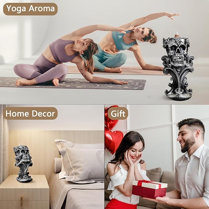 Comeon Backflow Incense Holder Burner Resin Skull Incense Burner Waterfall Incense Burner Home Decor + 20 Backflow Incense Cones + 30 Incense Sticks +1 Tweezer +1 Mat（Metallic Silver）