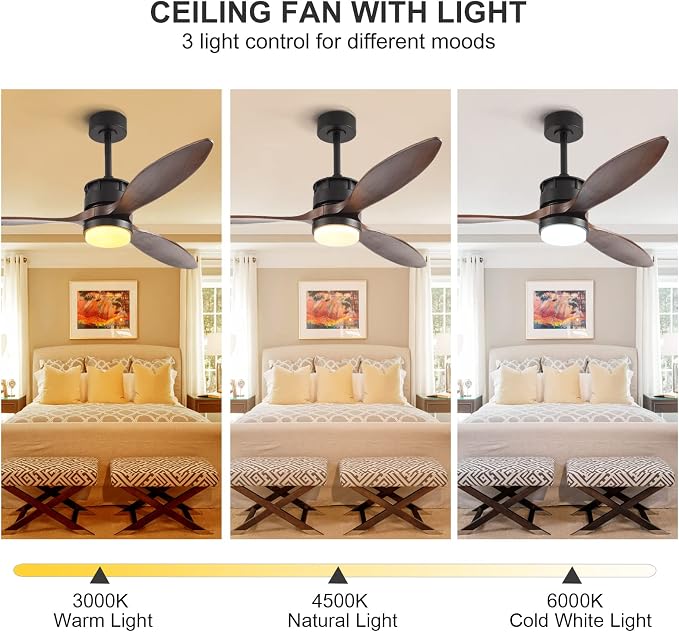 Ceiling Fans with Lights, 52 Inch Indoor Outdoor Ceiling Fan, Wood Ceiling Fan with Remote Control, Noiseless Reversible DC Motor Fan Light for Farmhouse/Living Room/Bedroom/Study