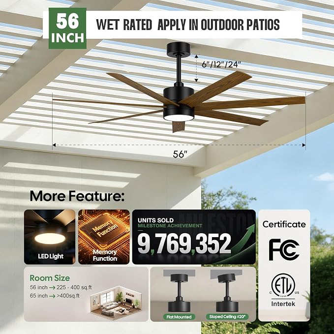 ETL Wet Rated Outdoor Smart Ceiling Fan with Lights, 56" All Weather Waterproof Fans for Patios, Alexa WIFI/Remote Control, High CFM 7 Walnut Blade with UV Coating, for Exterior Gazebo Porch Pavilion