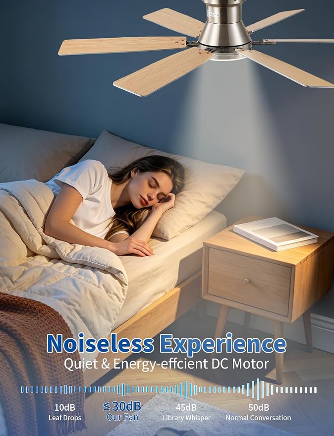 52inch Low Profile Ceiling Fan with Light and Remote/APP Control, LED Dimmable DC ReversibleModern, Flush Mount,6 Blade,Nickel Ceiling Fan for Bedroom Living Room/Outdoor Use