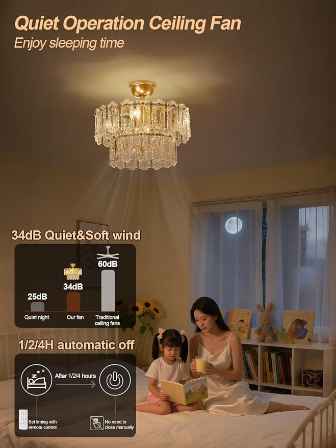 Gold Crystal Fandelier Ceiling Fan with Light, 20" Caged Chandelier Ceiling Fan with Light Remote Control, Mid-Century Enclosed 6 Speeds for Bedroom, Nursery, Living Room, Foyer