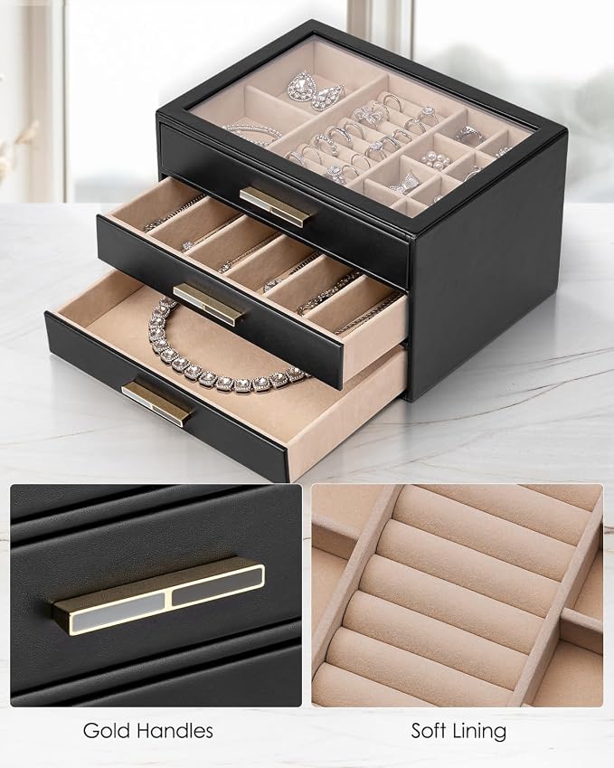 VLANDO Jewelry Box for Women, 3-Layer Jewelry Organizer with Drawers, Glass Lid Display Jewelry Storage, Soft PU Leather Exterior, Contrast Gold Metal Handles, Refined Style - Black