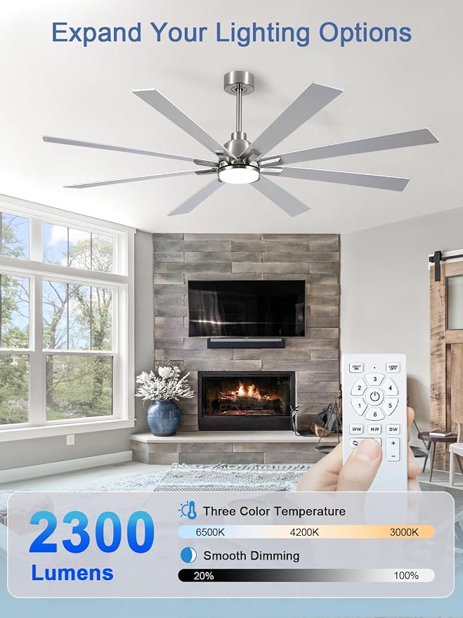 72 Inch Ceiling Fans with Lights and Remote, Pure Copper DC Motor Brushed Nickel Large Indoor/Outdoor Modern Industrial Ceiling Fan, Quiet, 6 Speed, 3CCT, for Patios Living Room Farmhouse Garage
