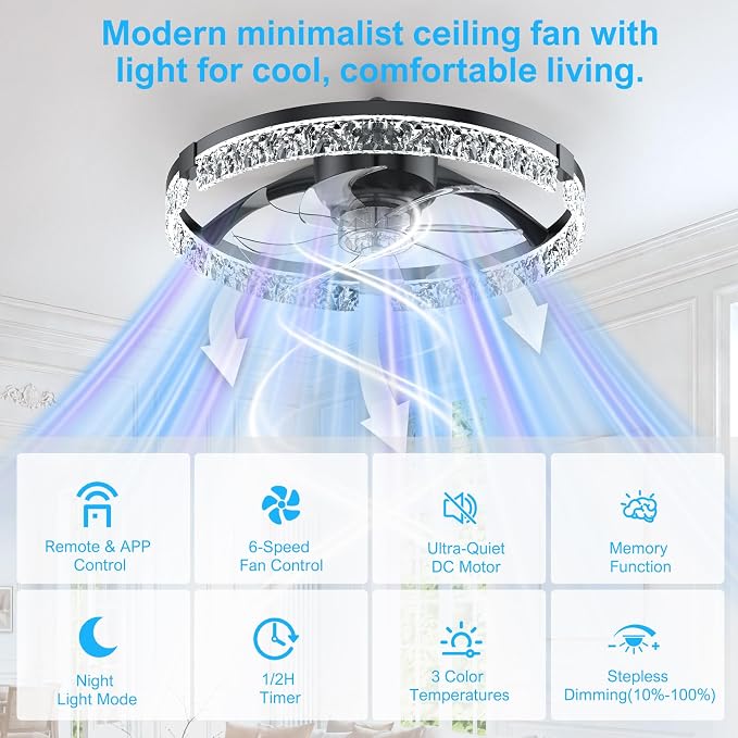 Crystal Ceiling Fans with Lights and Remote, 20'' Low Profile Ceiling Fan, 1-6 Wind Speeds, 3000-6500K Dimmable Flush Mount LED Fan Light, Modern Fandelier Ceiling Fans for Bedroom