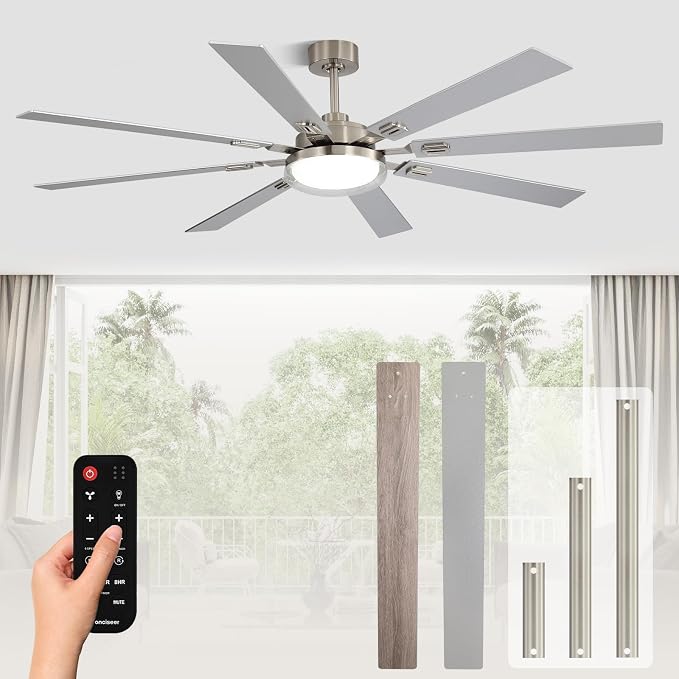 72 Inch Ceiling Fans with Lights and Remote, Living Room Office Industrial, 5CCT Dimmable, Dual Color 8 Blades, 6 Speed Reversible Quiet DC Motor, Double-Layer Lampshade, Sand-nickel/Wood Grain
