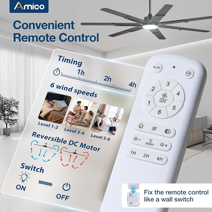Amico Ceiling Fans with Lights,66 inch Black Ceiling fan with Light and Remote, 6 Speed Reversible DC Motor, 3CCT, Dimmable, Quiet, Timer, Large Modern Ceiling Fan for Living room, Indoor/Outdoor
