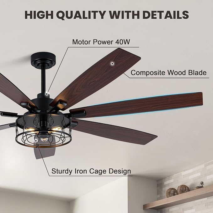 Dawn Whisper 72 Inch Farmhouse Ceiling Fans with Lights Black Industrial Caged Ceiling Fans with 6 Speed Reversible Motor and Dual Finish 8 Blades Rustic Ceiling Fan for Living Room