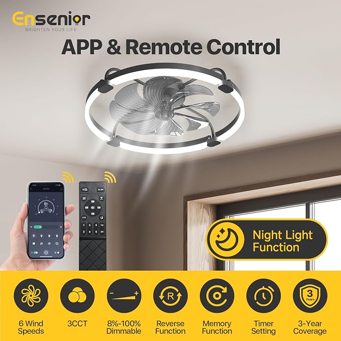 Ensenior Ceiling Fans with Lights and Remote, 24" Low Profile Ceiling Fan Flush Mount, APP Control, 6 Speed, 3CCT, Quiet Reversible DC Motor, Dimmable Modern Ceiling Fan with Light for Bedroom, Black