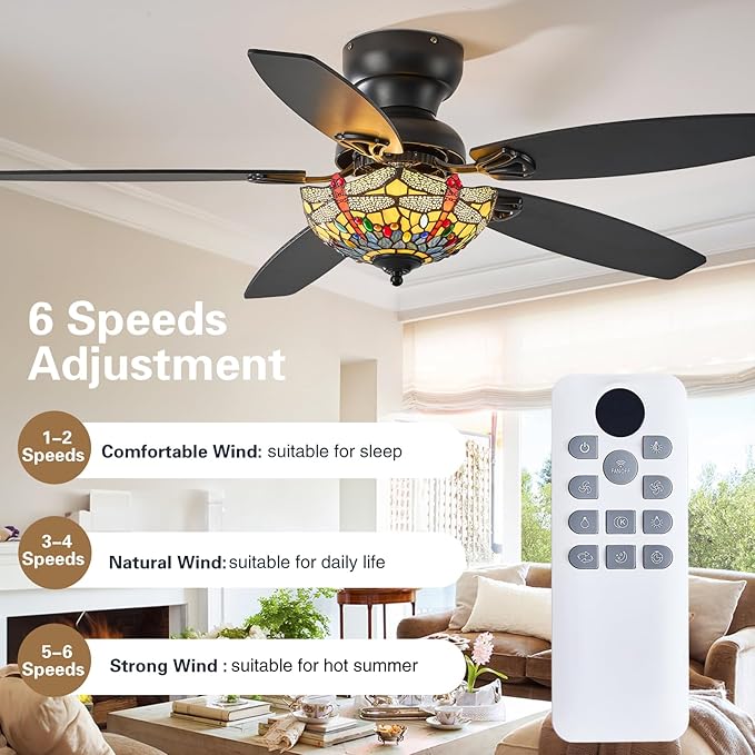 Tiffany Ceiling Fans with Lights - 48" Ceiling Fan Chandelier with 5 Dual-Blades and Glass Shade, 6 Speeds and Reversible, Indoor and Outdoor, Retro Style