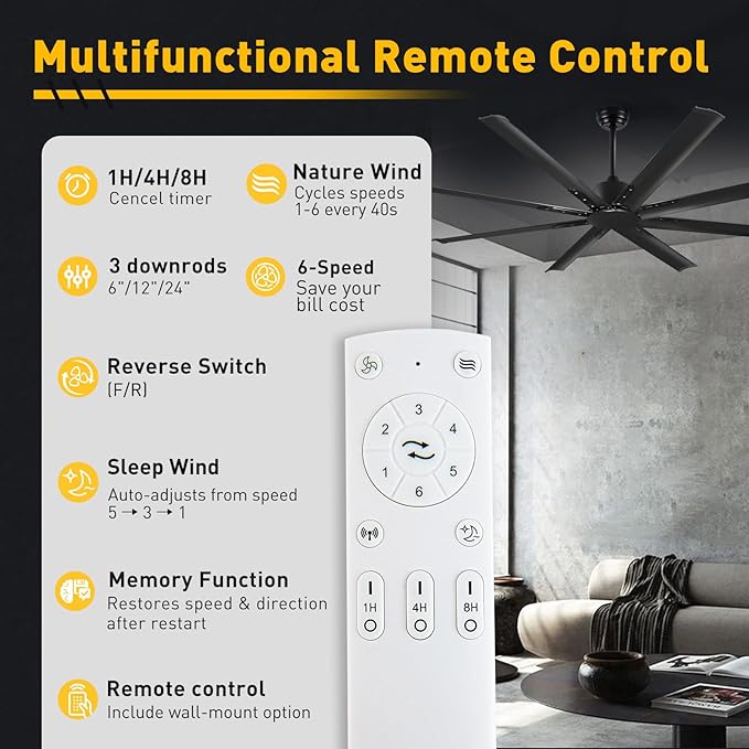 Minislak 72 Inch Black Ceiling Fan No Light with Remote and 8 Aluminum Blades,Industrial DC Motor Quiet Operation,6 Speeds,Large Indoor Outdoor Ceiling Fan for Garage,Patio,Living Room