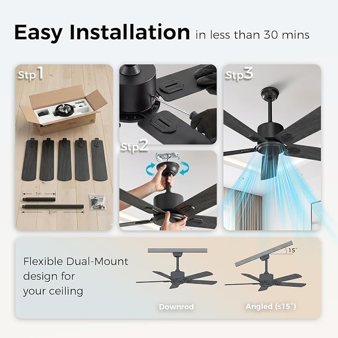 Obabala 52 Inch Ceiling Fan No Light, Modern Black Ceiling Fan Without Light with Remote & APP, Quiet Reversible DC Motor, 6-Speeds, for Living Room, Bedroom, Patio