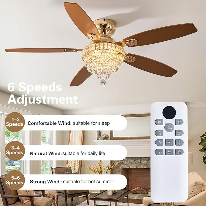 Crystal Ceiling Fan Fandelier with Lights-Ceiling Fans with Lights,54" Low Profile and Remote Control, Flush Mount, Reversible, Dimmable, Noiseless,Gold Ceiling Fan for Bedroom