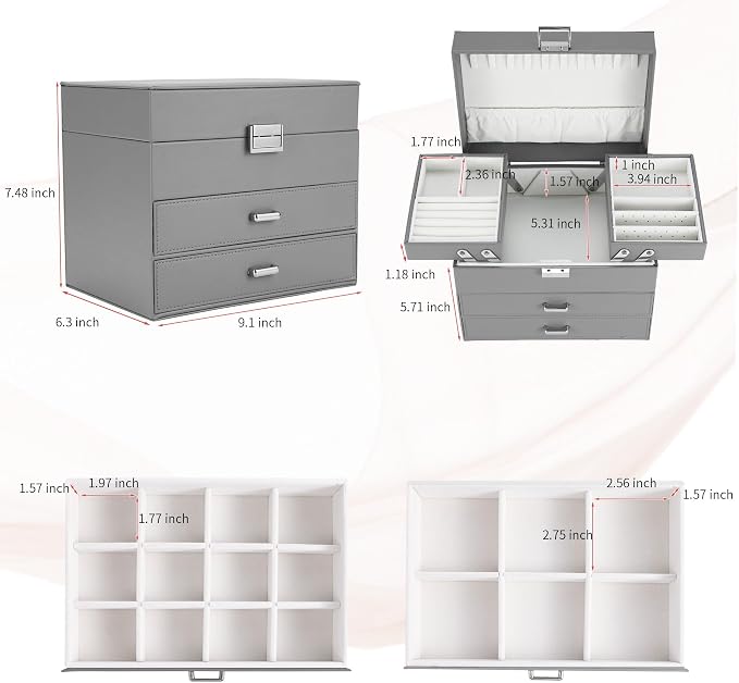 Dajasan Jewelry Organizer Box, Large Jewelry Boxes for Women Girls, Space-Saving 4 Layers Jewelry Storage Case with Drawer, Movable Metal Stand, Modern, Gift Idea (Grey)