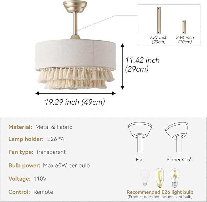 20" Gold Boho Fandelier Ceiling Fan with Light, Gold Boho Chandelier Ceiling Fans with Lights Remote Control, Caged 6-Speed for Bedroom, Nursery, Living Room