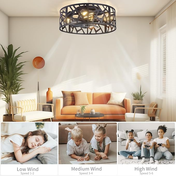 18 inch Caged Ceiling Fan with Light Vintage Black,Flush Mount Fandelier Ceiling Fan with Lights and Remote,Farmhouse Ceiling Fans for Bedroom, Kitchen, Living Room