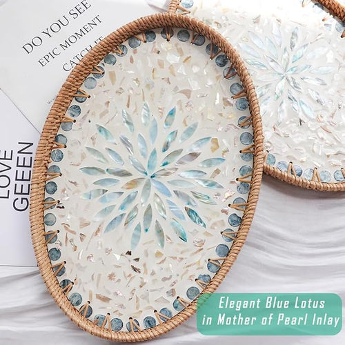 13 Inch Decor Tray for Coffee Table Mother of Pearl Inlay Serving Tray for Ottoman Wicker Centerpiece Decorative Tray for Candle Holder, Flower, Fruit, Bread (Medium)