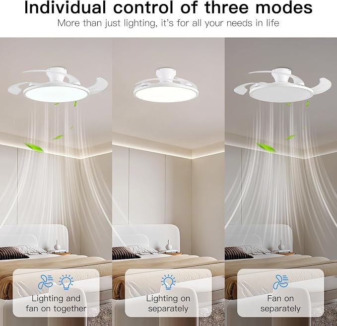 AHAWILL Retractable Ceiling Fan with Lights,42 Inch Low Profile Ceiling Fan with Remote Control,Retractable Blades,Dimmable Full Spectrum,Modern Fandelier for Bedroom Living Room Dinning Room,White