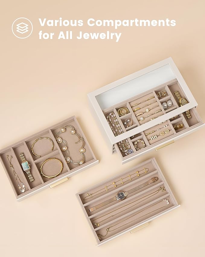 Lolalet Jewelry Box Organizer, 3-Layer Jewelry Organizers and Storage Case with Glass Lid, Ring Earring Bracelet Necklace Holder Organizer, Mothers Day Gifts for Mom, Women Girls -3Layer, Beige