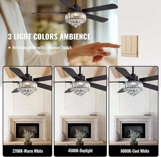 Crystal Fandelier Ceiling Fan with Light,Chandelier Ceiling Fan with Remote and APP Control,Quiet Light for Bedroom, 3 Color Temperature, 52 Inch vintage ceiling fan With 6 Speeds